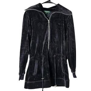 RL Lauren Ralph Lauren Velour Track Jacket‎ Long Size Small Full Zip Black